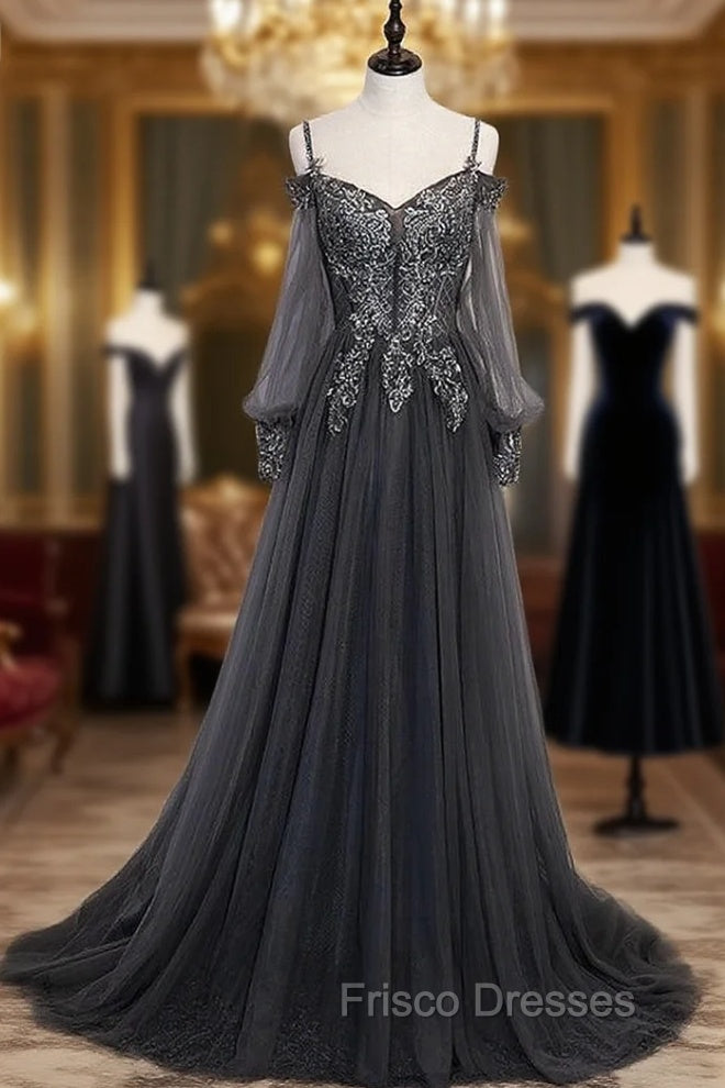 Gray Tulle Long Sleeve Spaghetti Straps Appliques Beading Formal Prom Dress Main image