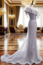 Gray Tulle Mermaid Long Formal Prom Dress Gray Tulle Formal Dress