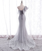 Gray Tulle Mermaid Long Formal Prom Dress Gray Tulle Formal Dress