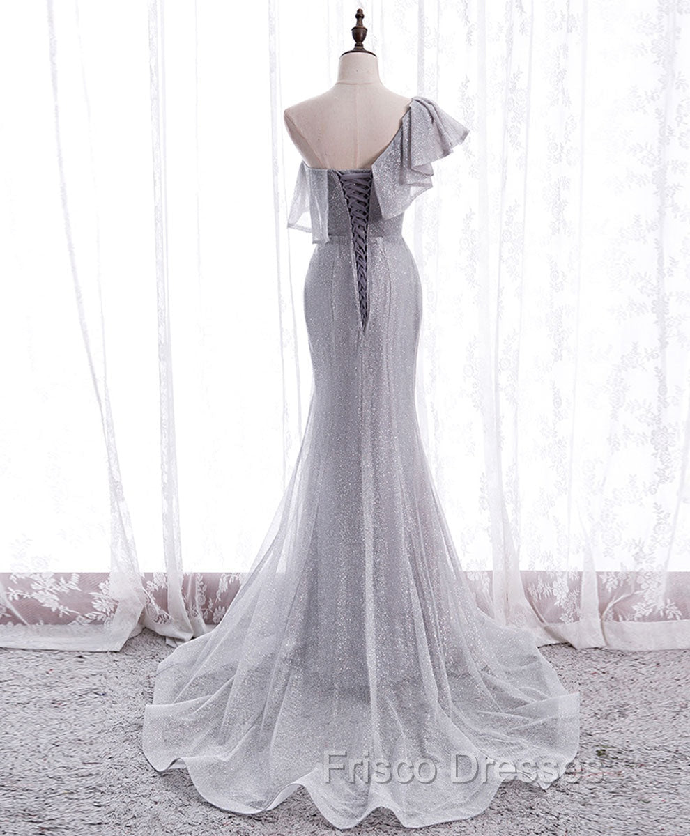 Gray Tulle Mermaid Long Formal Prom Dress Gray Tulle Formal Dress