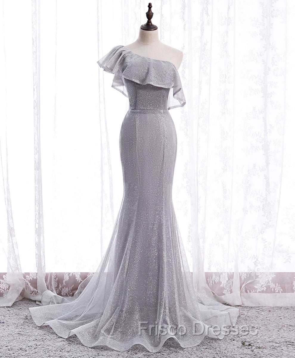 Gray Tulle Mermaid Long Formal Prom Dress Gray Tulle Formal Dress