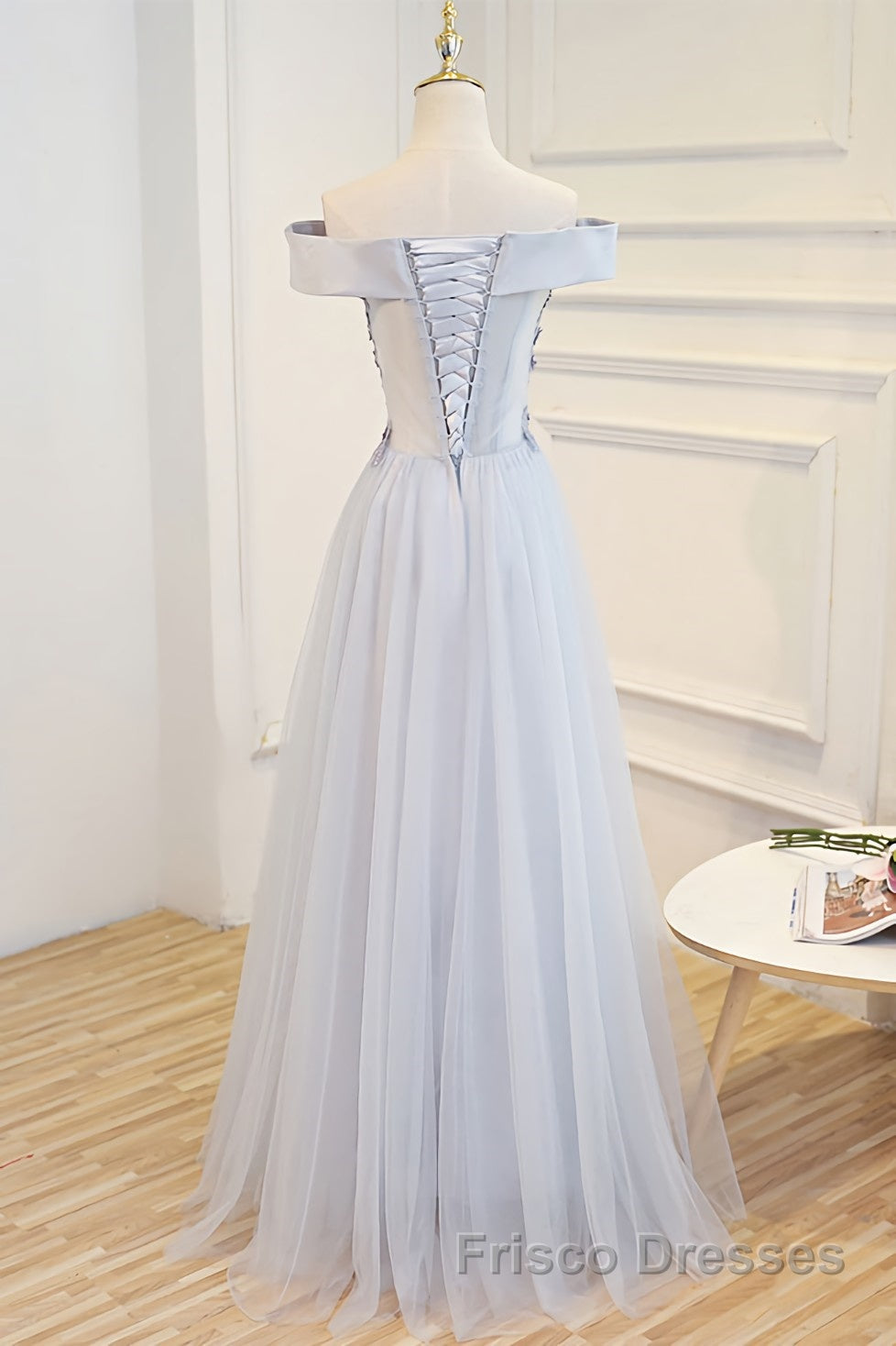 Gray tulle off shoulder lace long Formal Prom Dresses gray tulle formal Dresses Secondary image