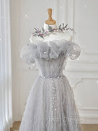 Gray Tulle Off Shoulder Long Formal Prom Dress, Gray Evening Dress