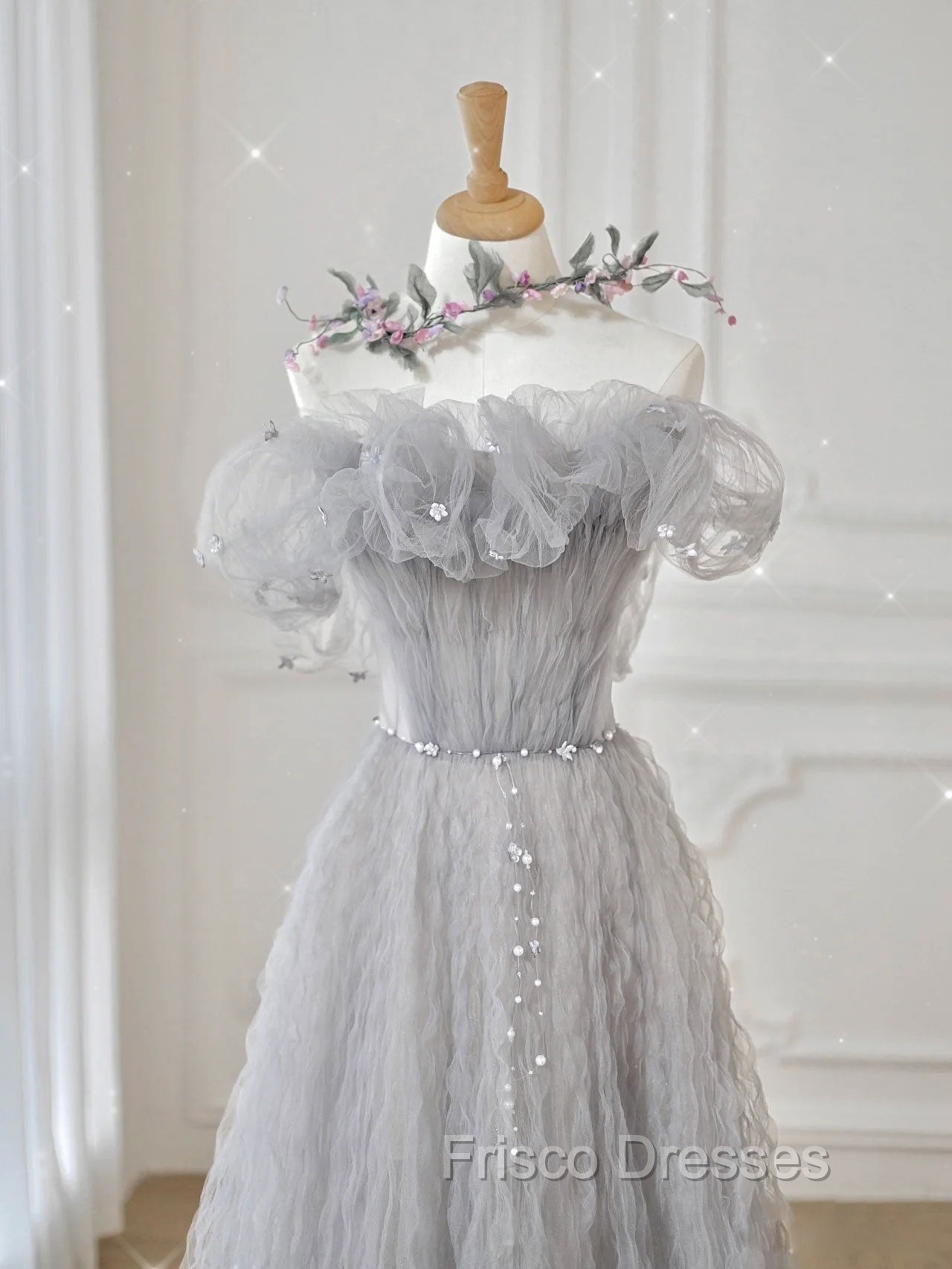 Gray Tulle Off Shoulder Long Formal Prom Dress, Gray Evening Dress
