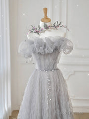 Gray Tulle Off Shoulder Long Prom Dress, Gray Evening Dress
