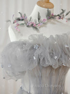 Gray Tulle Off Shoulder Long Formal Prom Dress, Gray Evening Dress