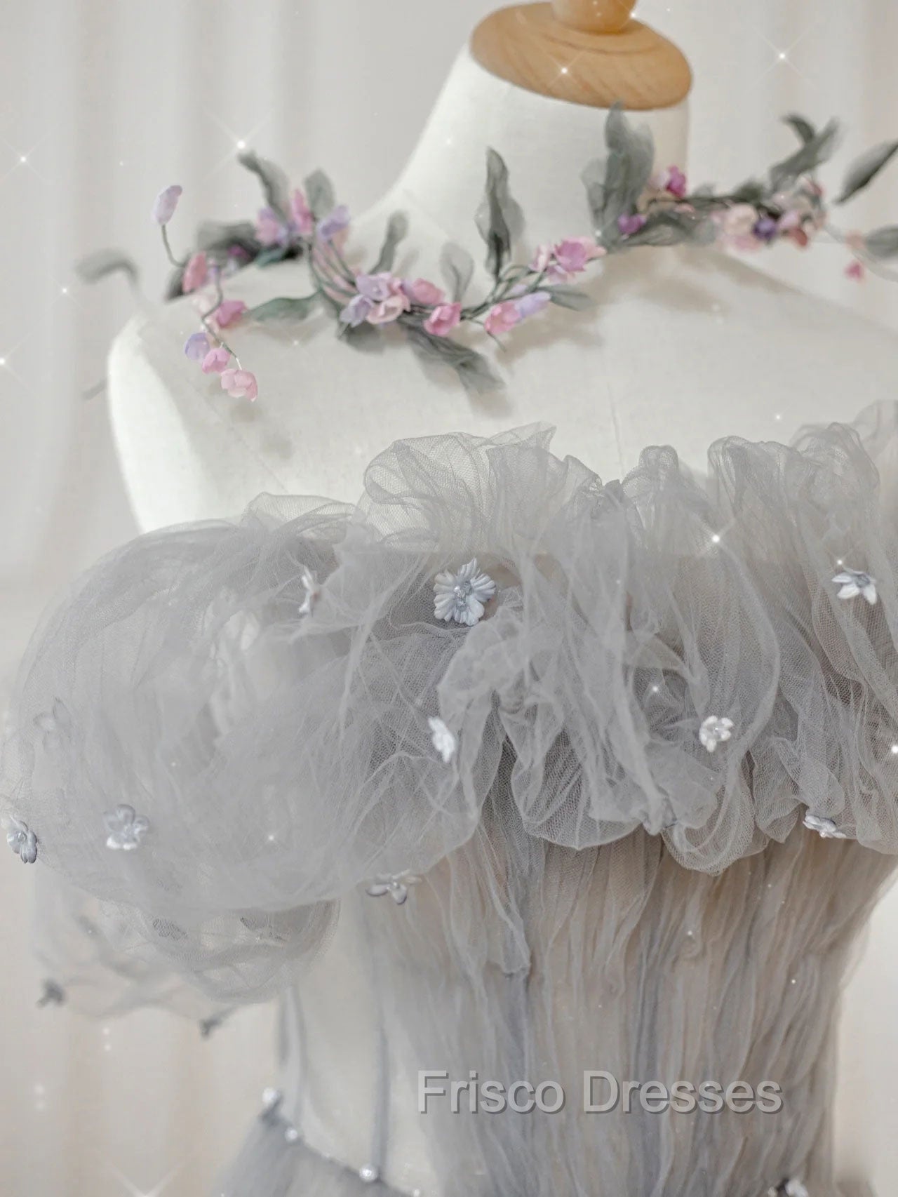 Gray Tulle Off Shoulder Long Formal Prom Dress, Gray Evening Dress