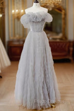Gray Tulle Off Shoulder Long Formal Prom Dress, Gray Evening Dress