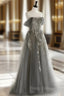 Gray Tulle Off the Shoulder Appliques Formal Prom Dress