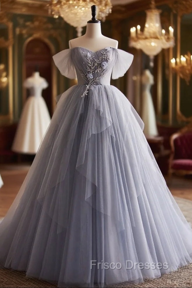 Gray Tulle Off the Shoulder Beading Off the Shoulder Formal Prom Dress