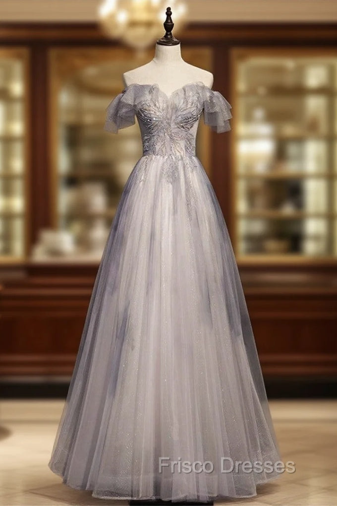 Gray Tulle Off the Shoulder Beading Formal Prom Dress