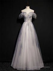 Gray Tulle Off the Shoulder Beading Prom Dress