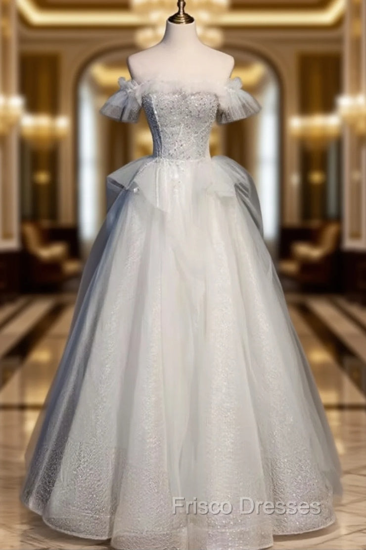 Gray Tulle Off the Shoulder Beading Sequins Formal Prom Dress Main image