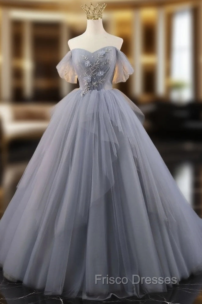 Gray Tulle Off the Shoulder Pleats Beading Formal Prom Dress Main image