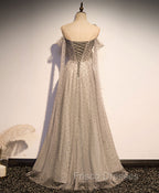 Gray Tulle One Shoulder Long Formal Prom Dress, Gray Formal Graduation Dress with Beading