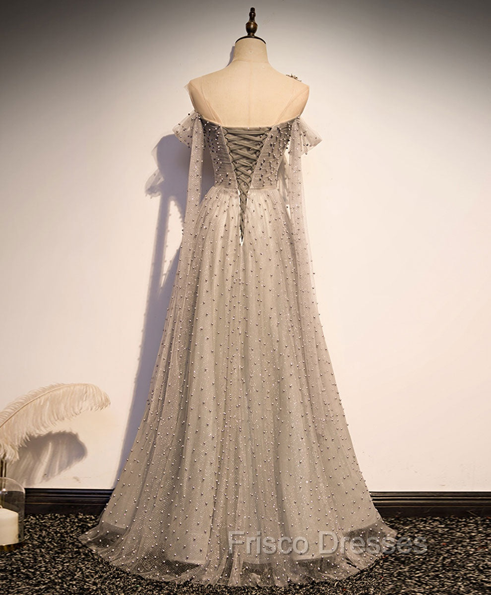 Gray Tulle One Shoulder Long Formal Prom Dress, Gray Formal Graduation Dress with Beading