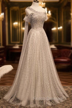 Gray Tulle One Shoulder Long Formal Prom Dress, Gray Formal Graduation Dress with Beading
