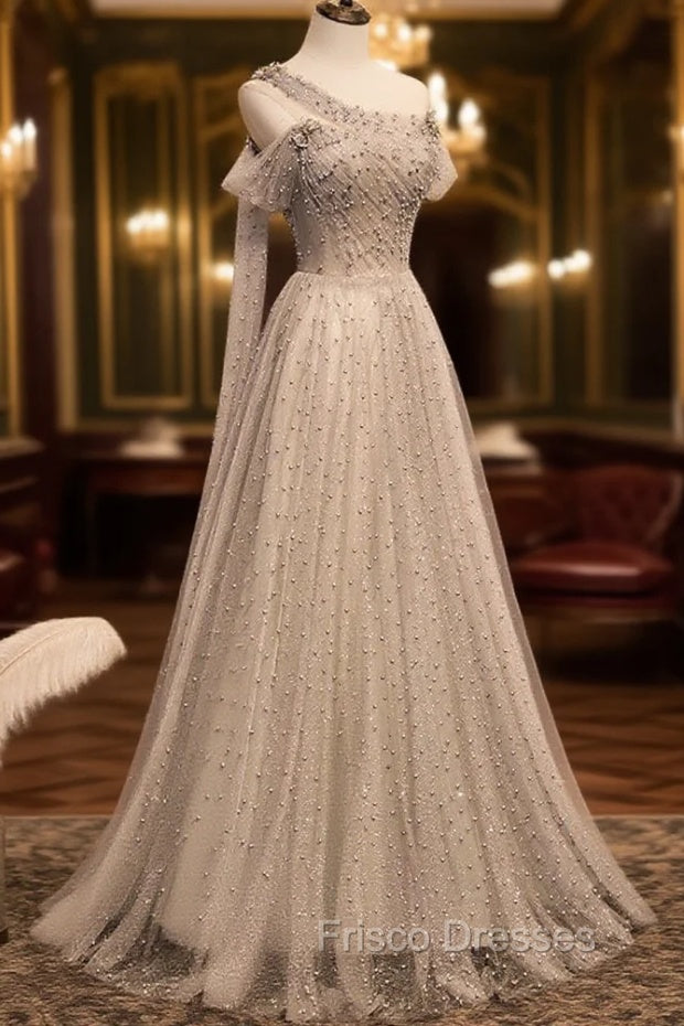 Gray Tulle One Shoulder Long Formal Prom Dress, Gray Formal Graduation Dress with Beading