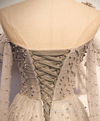 Gray Tulle One Shoulder Long Formal Prom Dress, Gray Formal Graduation Dress with Beading