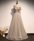 Gray Tulle One Shoulder Long Formal Prom Dress, Gray Formal Graduation Dress with Beading