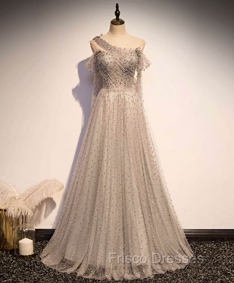 Gray Tulle One Shoulder Long Formal Prom Dress, Gray Formal Graduation Dress with Beading