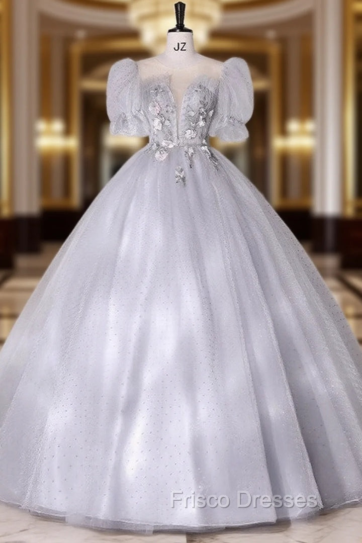 Gray Tulle Puff Sleeve Appliques Quinceanera Dress