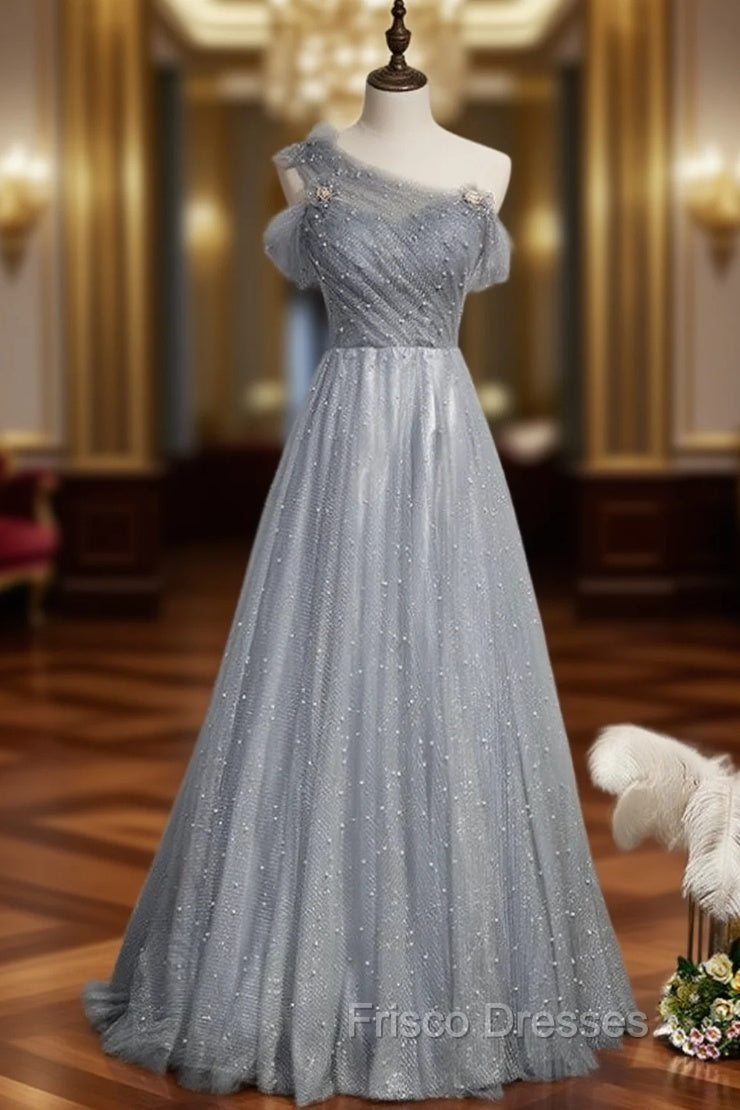 Gray Tulle Scoop Pearls Pleats Formal Prom Dress Main image