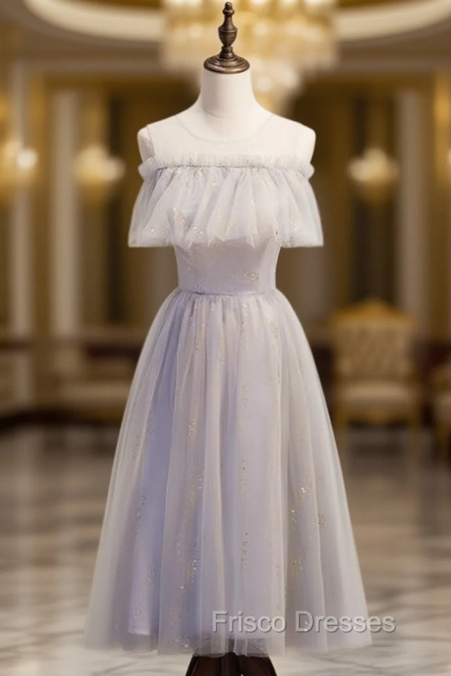 Gray Tulle Scoop Sequins Tea Length Formal Prom Dress