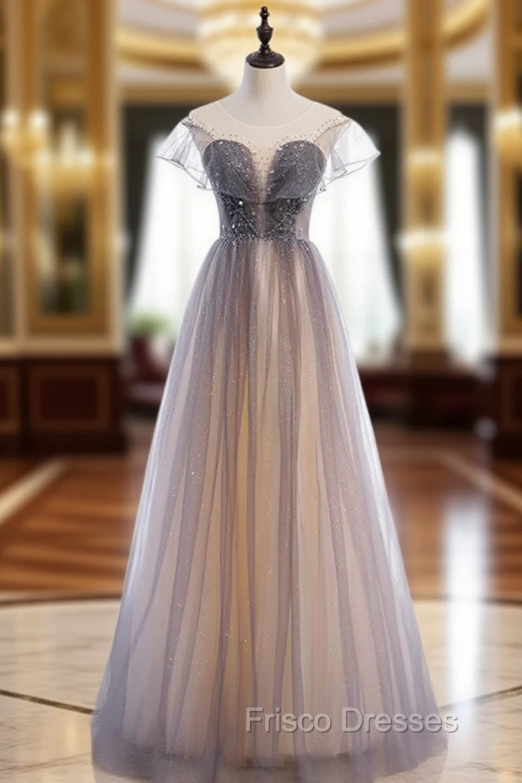 Gray Tulle Scoop Sleeve Beading Sequins Formal Prom Dress Main image