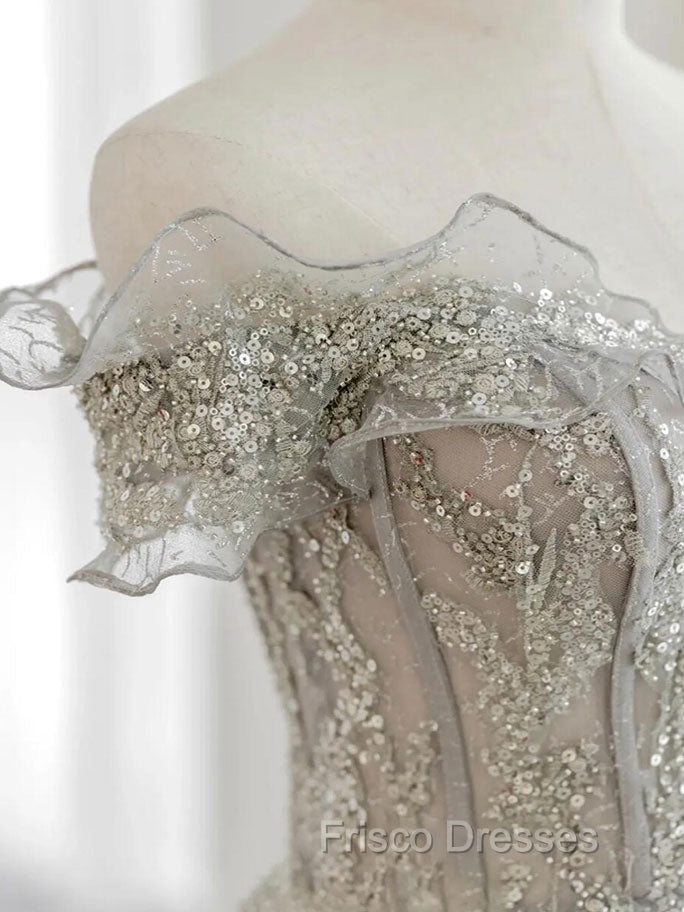Gray Tulle Sequin Lace Off Shoulder Long Formal Prom Dress, Gray Evening Dress