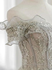 Gray Tulle Sequin Lace Off Shoulder Long Formal Prom Dress, Gray Evening Dress