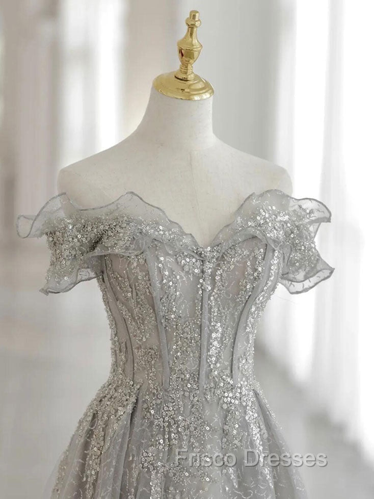 Gray Tulle Sequin Lace Off Shoulder Long Formal Prom Dress, Gray Evening Dress