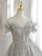 Gray Tulle Sequin Lace Off Shoulder Long Formal Prom Dress, Gray Evening Dress