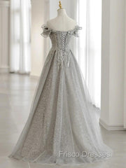 Gray Tulle Sequin Lace Off Shoulder Long Formal Prom Dress, Gray Evening Dress