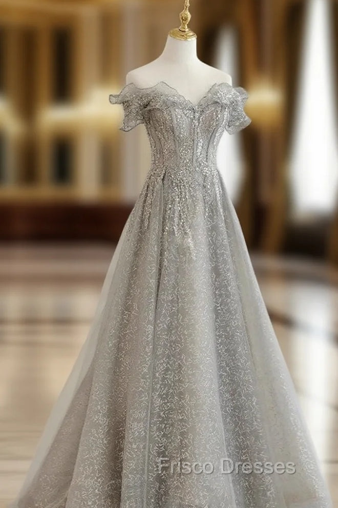 Gray Tulle Sequin Lace Off Shoulder Long Formal Prom Dress, Gray Evening Dress Main image