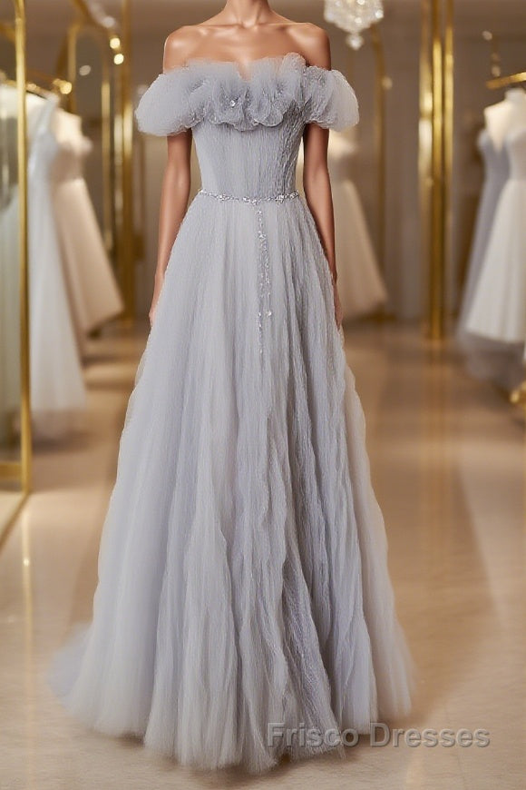 Gray tulle sequin long Formal Prom Dresses, gray tulle formal Dresses Main image