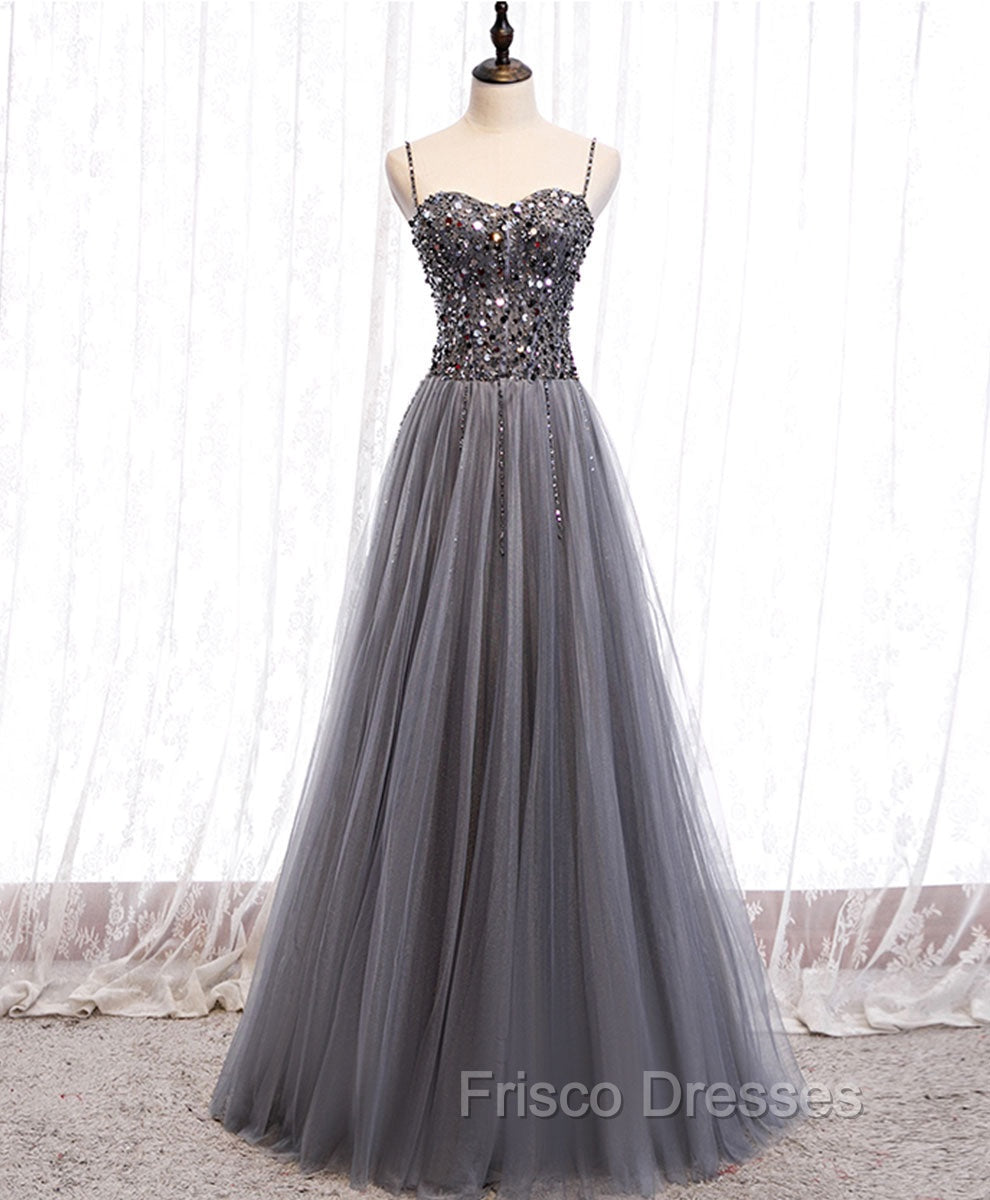 Gray Tulle Sequin Long Formal Prom Dress, Gray Tulle Formal Dress with Beading Sequin Main image