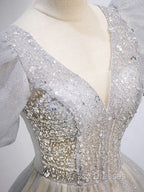 Gray Tulle Sequin Long Formal Prom Dress, Gray Tulle Formal Graduation Dress