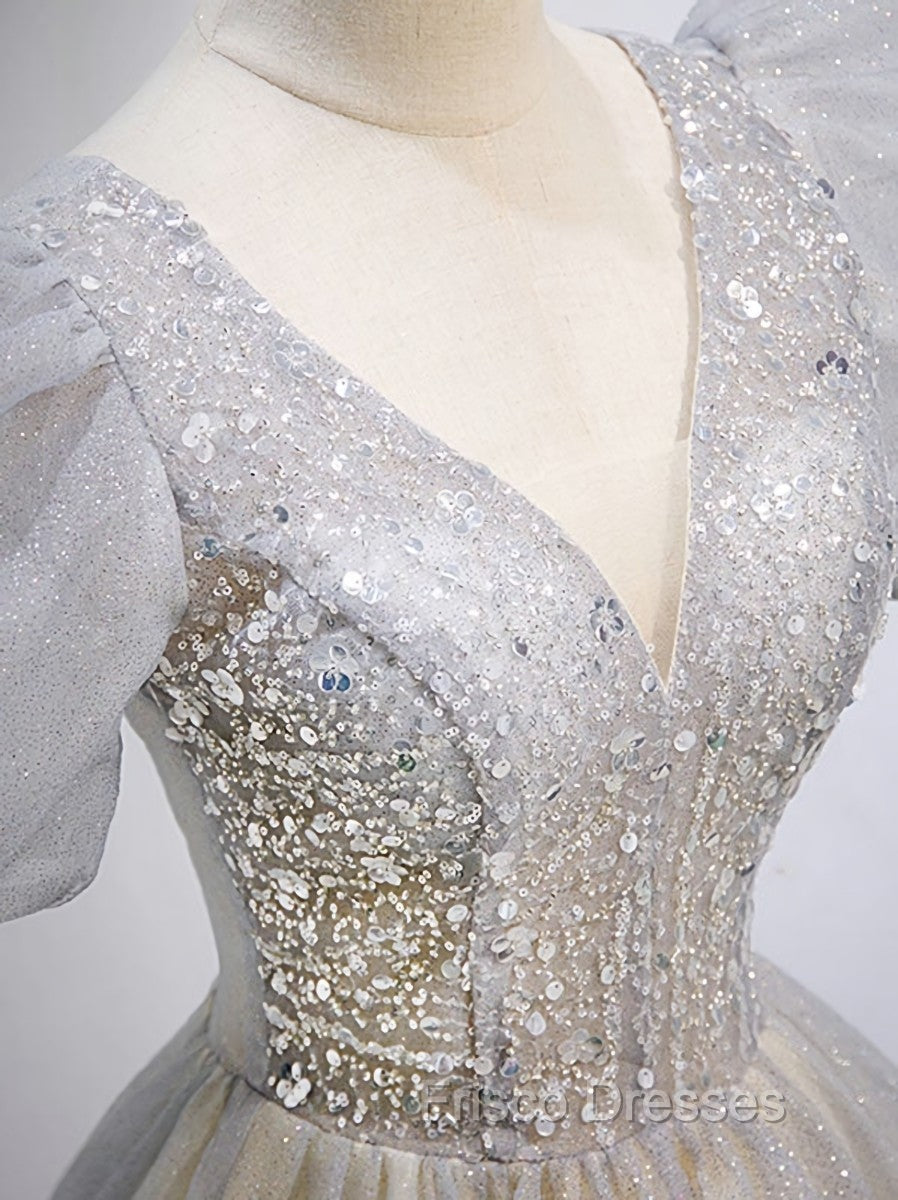 Gray Tulle Sequin Long Formal Prom Dress, Gray Tulle Formal Graduation Dress