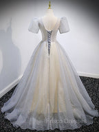 Gray Tulle Sequin Long Formal Prom Dress, Gray Tulle Formal Graduation Dress