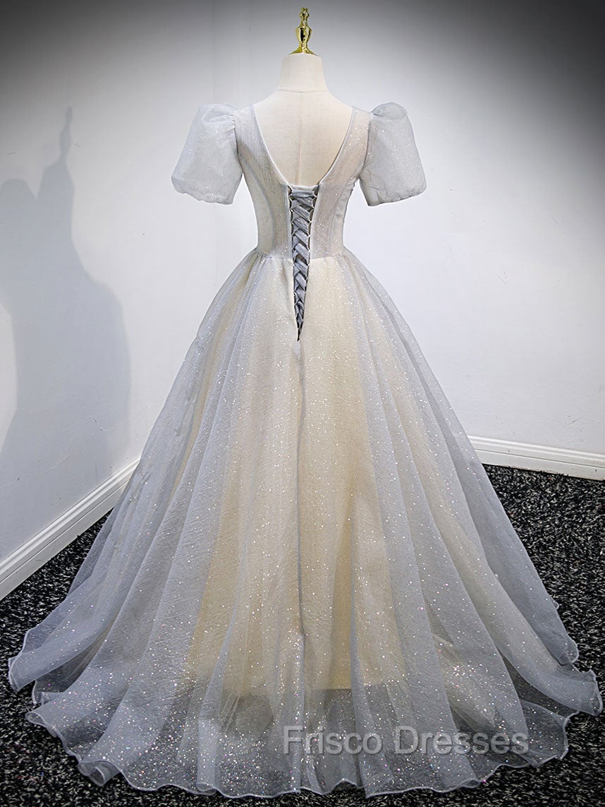 Gray Tulle Sequin Long Formal Prom Dress, Gray Tulle Formal Graduation Dress