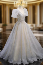Gray Tulle Sequin Long Formal Prom Dress, Gray Tulle Formal Graduation Dress