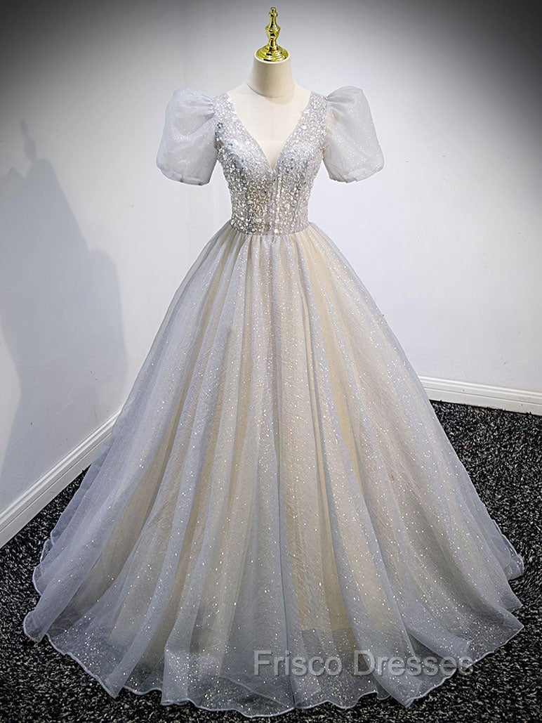 Gray Tulle Sequin Long Formal Prom Dress, Gray Tulle Formal Graduation Dress Secondary image