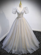 Gray Tulle Sequin Long Formal Prom Dress, Gray Tulle Formal Graduation Dress