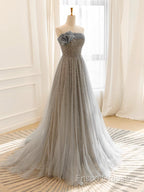 Gray Tulle Sequin Long Formal Prom Dress, Gray Tulle Long Formal Dress
