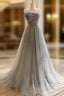 Gray Tulle Sequin Long Formal Prom Dress, Gray Tulle Long Formal Dress
