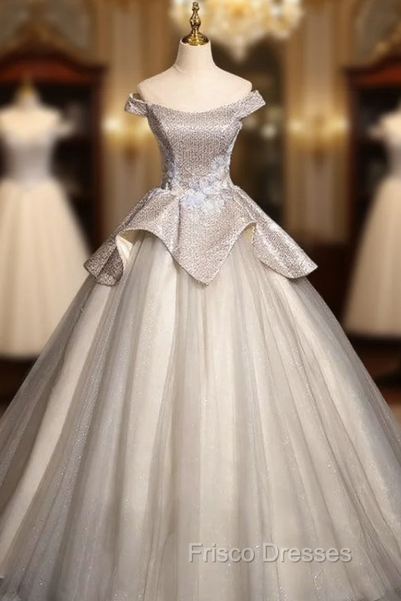 Gray Tulle Sequins Appliques Off the Shoulder Quinceanera Dress