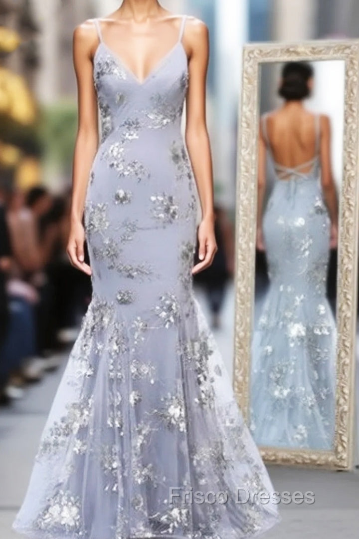 Gray Tulle Sequins Appliques Spaghetti Straps Backless Long Formal Prom Dress