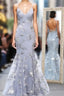 Gray Tulle Sequins Appliques Spaghetti Straps Backless Long Formal Prom Dress