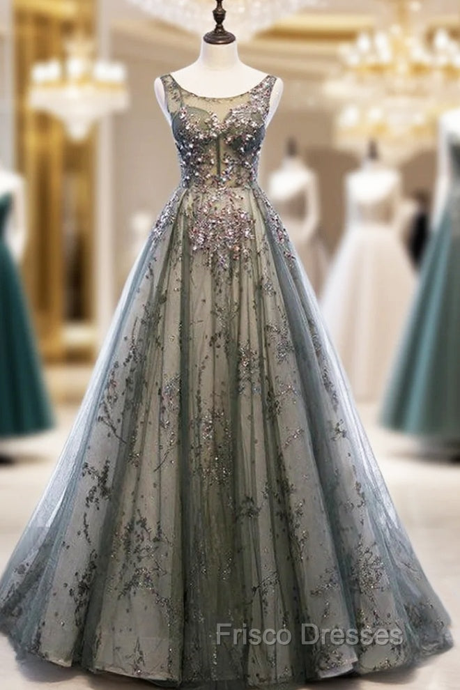 Gray Tulle Sequins Backless Sleeveless Formal Prom Dress Main image